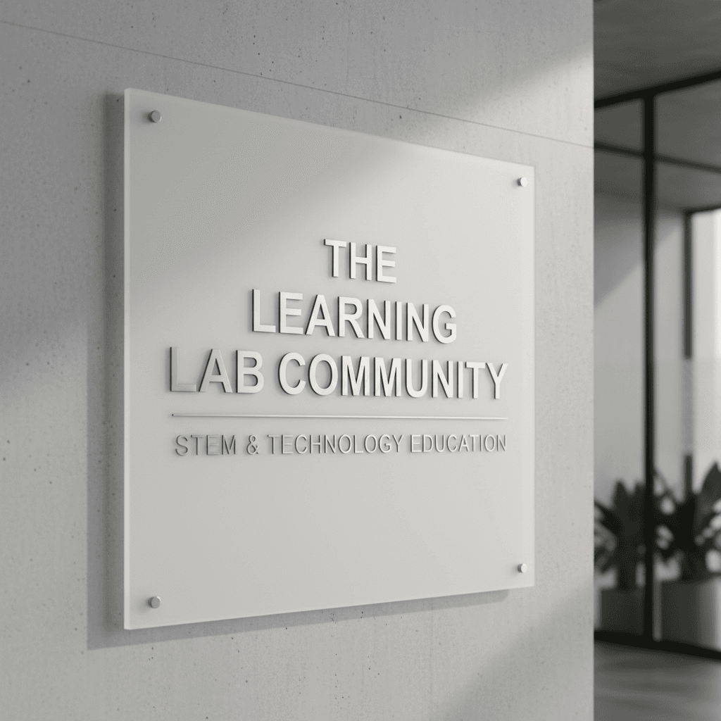 Sign for The Learning Lab Community with modern typography on a minimalistic background.