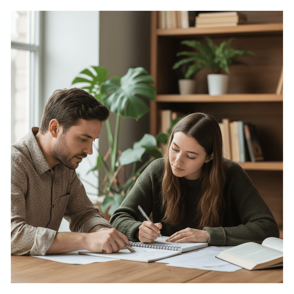 Tutor and student reviewing notes together at a table