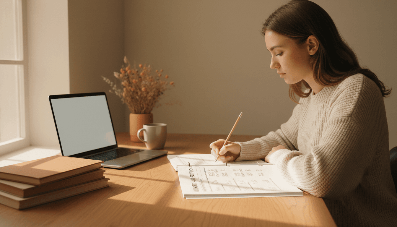 A student reviewing test prep materials at a desk with natural light