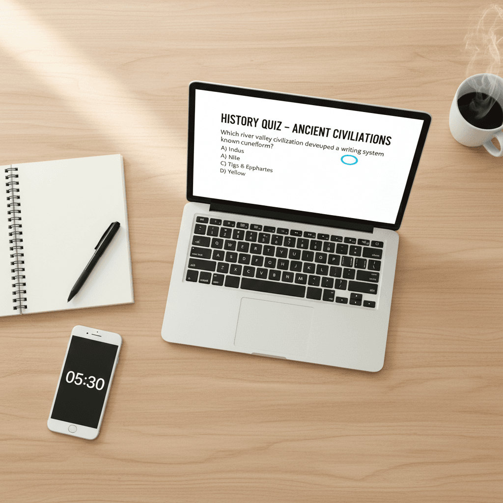 Laptop showing an online practice quiz with a notebook and phone next to it
