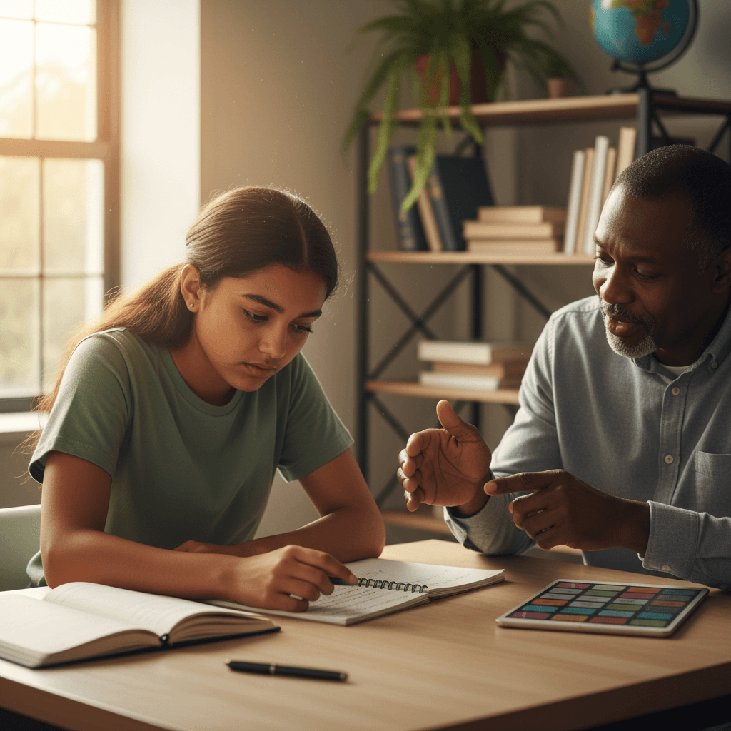 Student and mentor collaborating over study notes at a wooden desk with natural window lighting