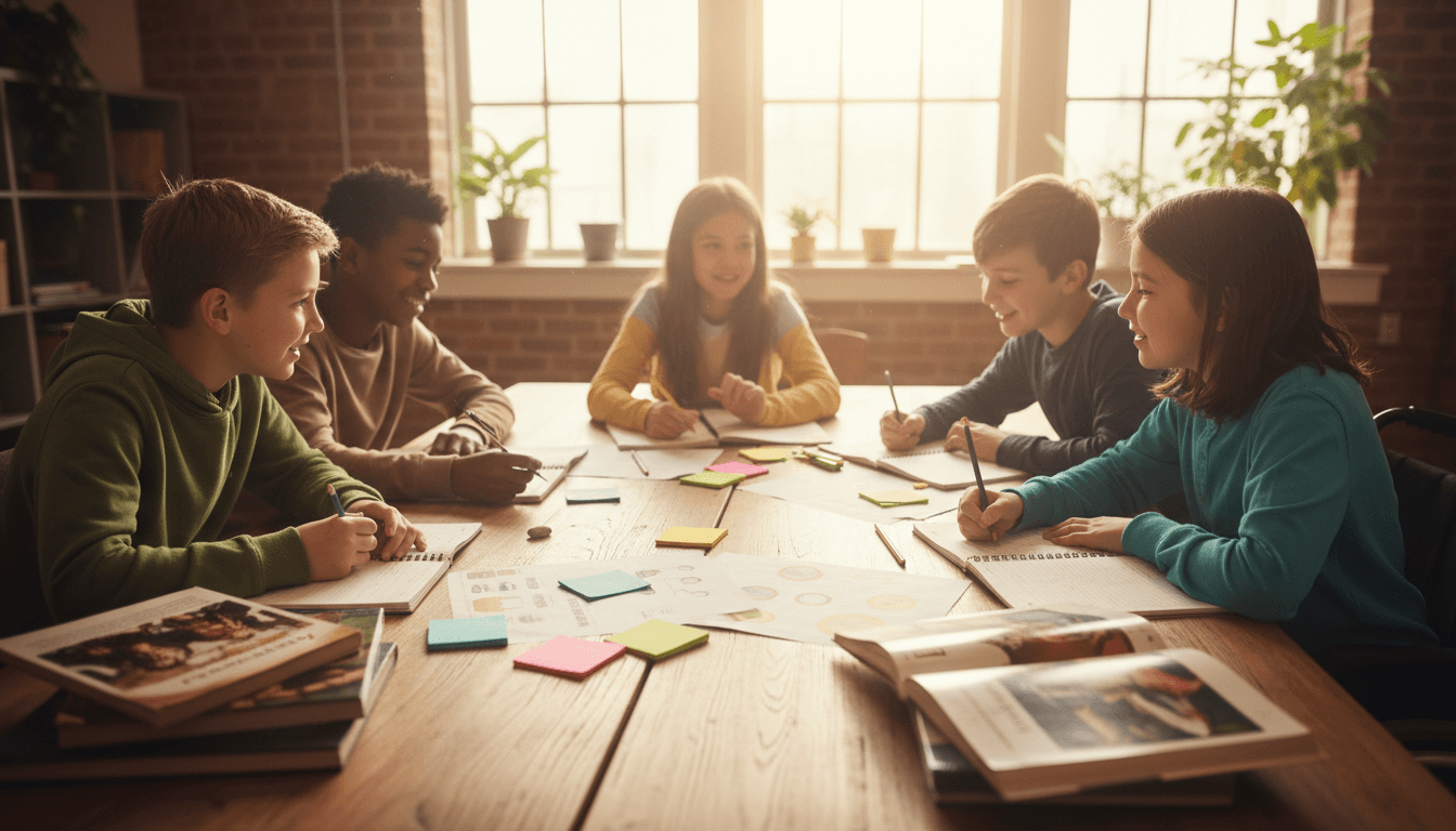 Students of many different ages together in a bright classroom: a young elementary child, middle-schoolers, and high-school teens gathered around a shared table, smiling and working on books and colorful materials, natural window light, documentary photography