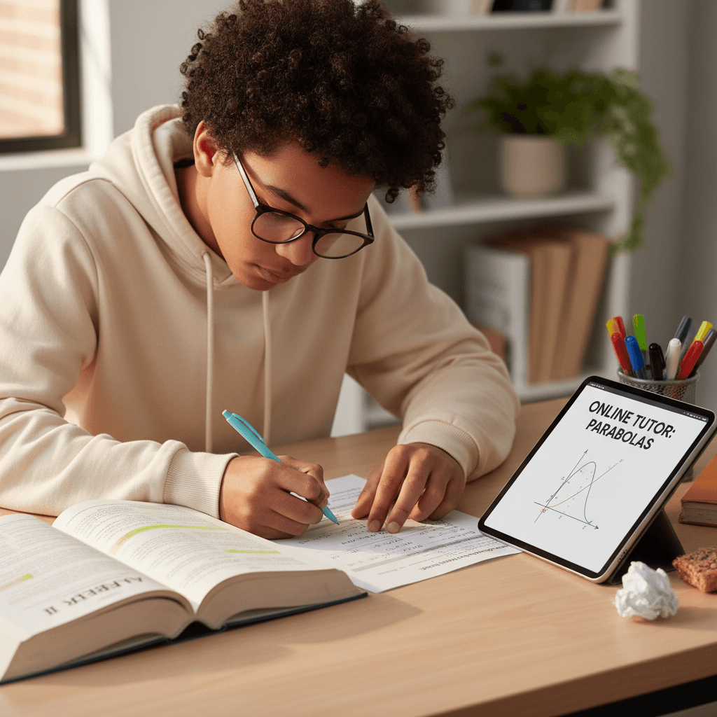 Student hands completing practice worksheet with textbook and educational tablet showing learning content nearby