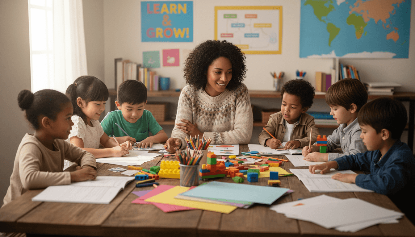 Adult facilitator leading educational activity with diverse children at wooden table in bright, welcoming classroom environment