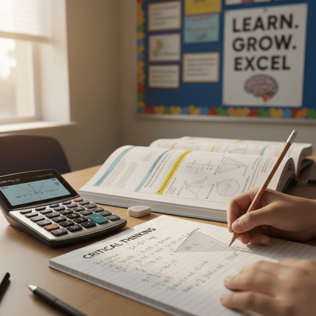 Student's hands working through mathematics problems with calculator, textbook, and handwritten equations on desk