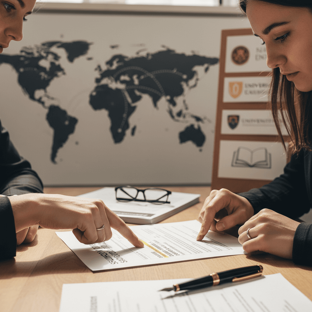 Education advisor and student examining scholarship application form together, pointing at eligibility requirements and criteria